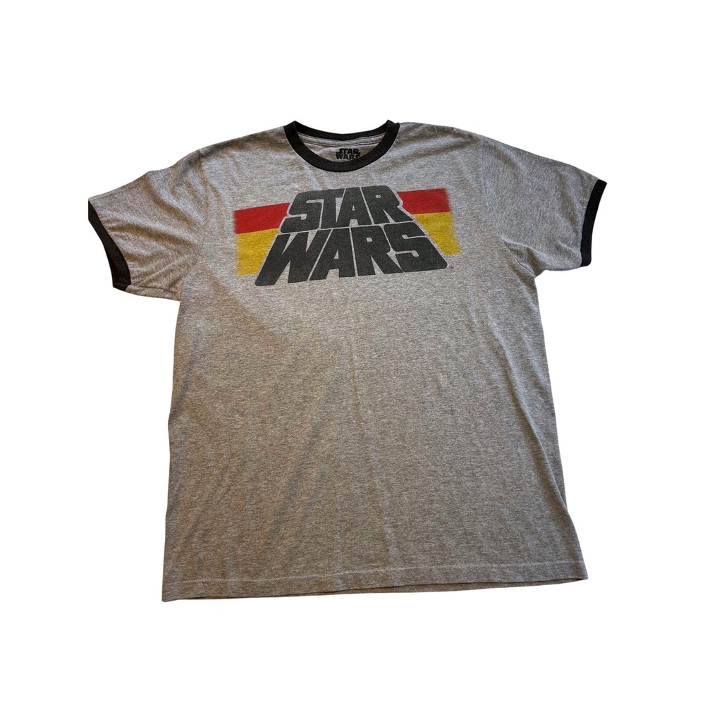 Star Wars Ringer Graphic T-Shirt Mens Large Gray Black Retro Logo Stripe Tee